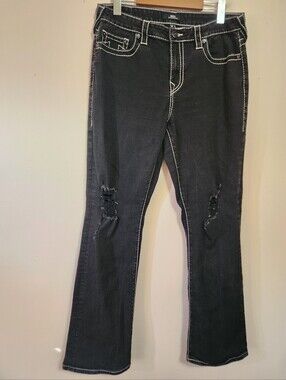 True Religion Becca Mid Rise Bootcut Big T Black Distressed Contrast Stitch Jean